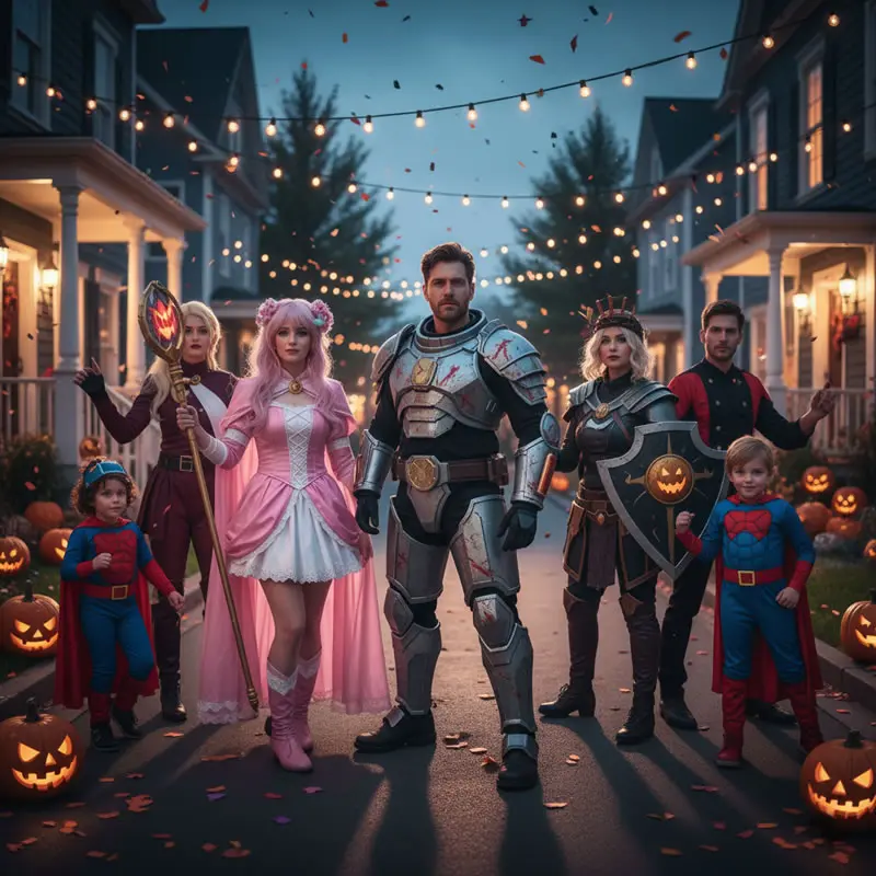 A diverse group of people in detailed Halloween cosplay, including anime, video game, and movie characters.