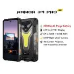 Rugged Ulefone Armor 34 Pro smartphone in black with yellow accents shown from a front left angle highlighting its sturdy back and screen Right side lists specs 25500mAh battery 695 inch FHD+ display up to 32GB RAM and 512GB ROM 64MP night vision camera 150 lumen projector with keystone correction | PricZone