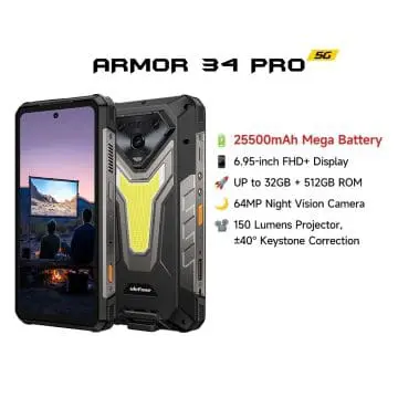 Rugged Ulefone Armor 34 Pro smartphone in black with yellow accents shown from a front left angle highlighting its sturdy back and screen Right side lists specs 25500mAh battery 695 inch FHD+ display up to 32GB RAM and 512GB ROM 64MP night vision camera 150 lumen projector with keystone correction | PricZone