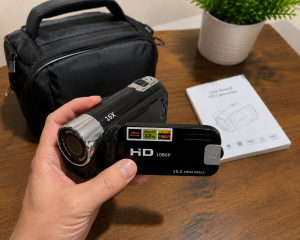 Person holding a black handheld camcorder with 16x zoom over a wooden table beside a carrying bag and instruction manual | PricZone
