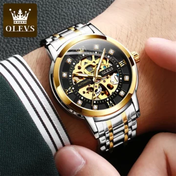 OLEVS Black Steel Skeleton Watch Waterproof Luminous 2 | PricZone