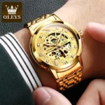 OLEVS Black Steel Skeleton Watch Waterproof Luminous 4 | PricZone