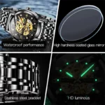 OLEVS Black Steel Skeleton Watch Waterproof Luminous 5 | PricZone