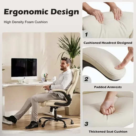 Ergonomic White PU Leather Desk Chair with Armrest 3 | PricZone