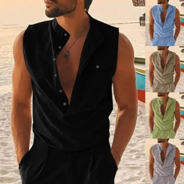 V Neck Pocket Cotton Linen Casual Sleeveless Tops | PricZone