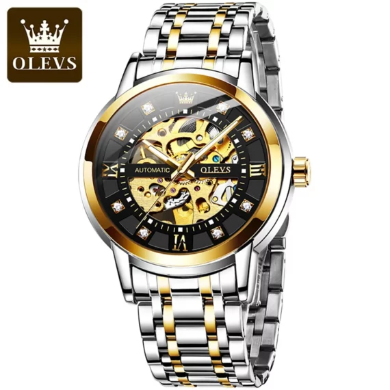 OLEVS Black Steel Skeleton Watch Waterproof Luminous 3 | PricZone