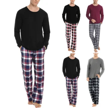 Mens Casual Plaid Pajama Set Shirt