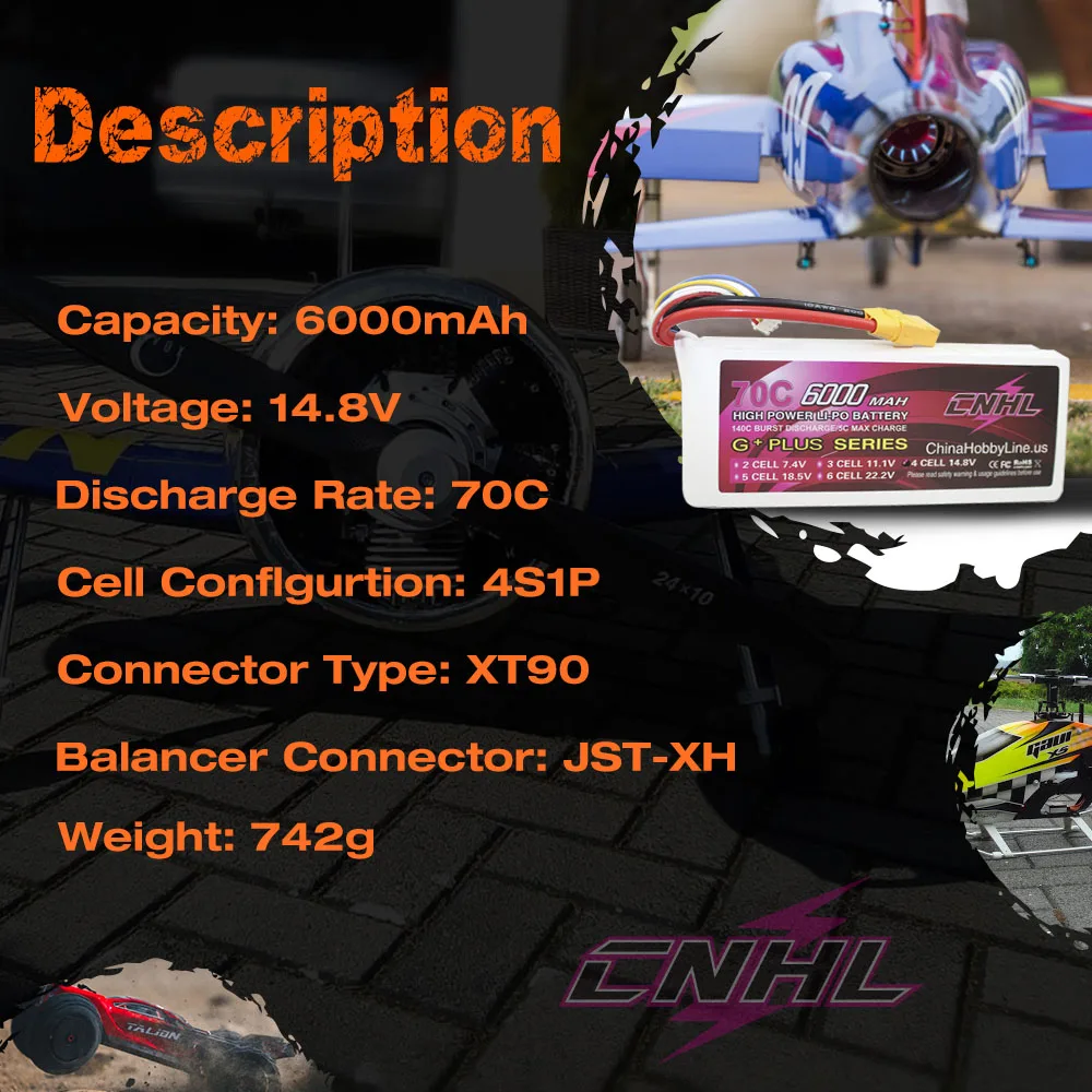 CNHL 14.8V 6000mAh 70C 4S Lipo Battery XT90