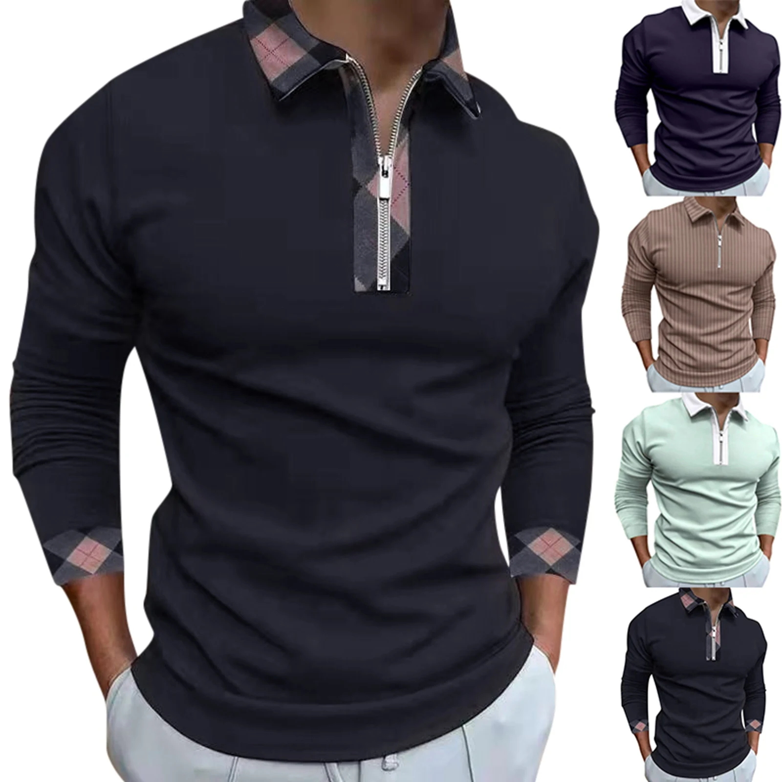 Plaid Collar Polo Shirt - Casual Long Sleeve