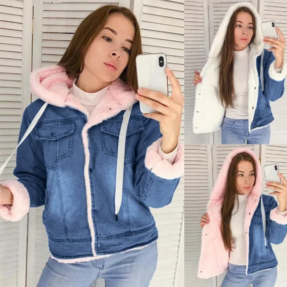 Long Fleece Denim Hooded Jacket | PricZone