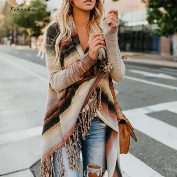 Striped Tassel Poncho Cardigan Winter Knit | PricZone