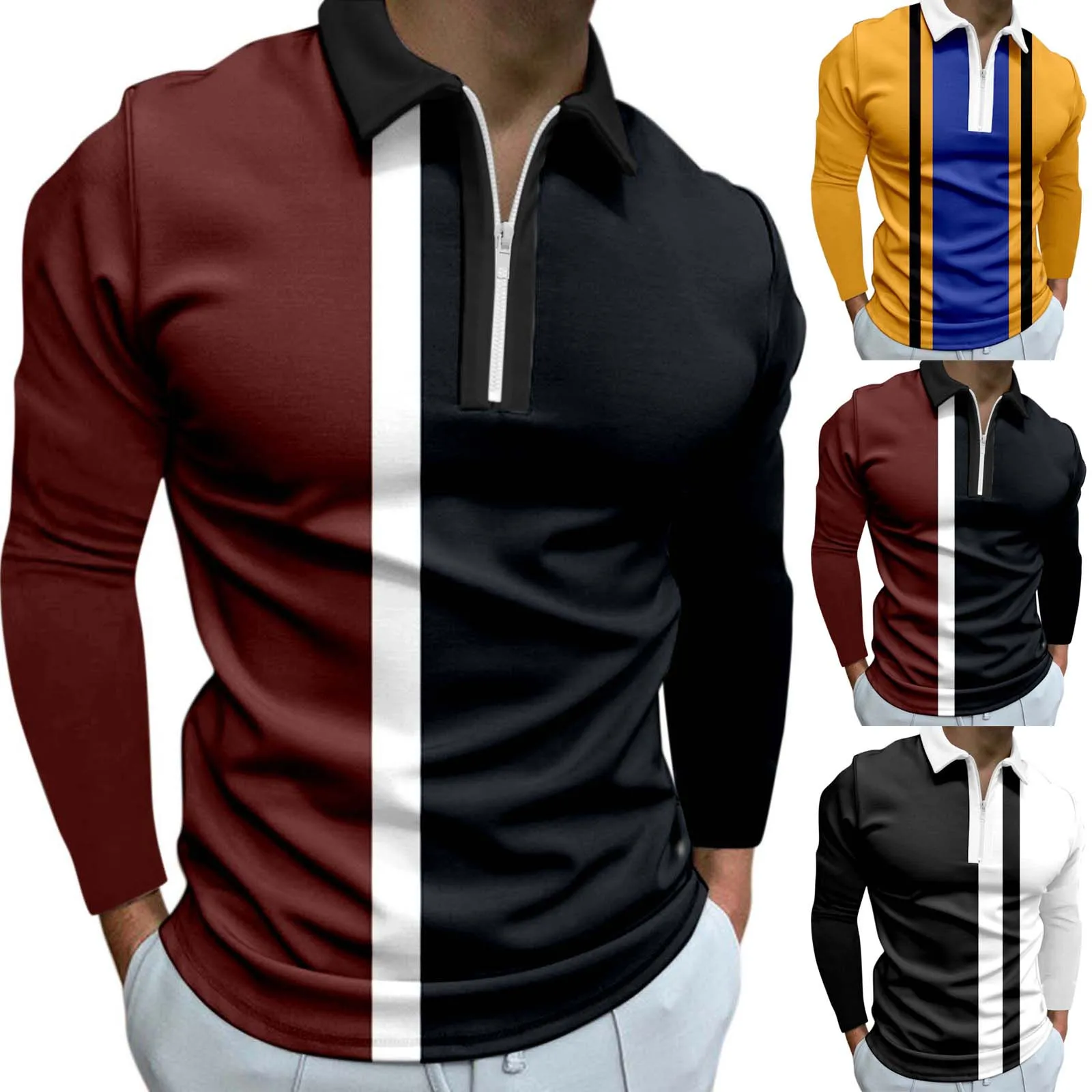 Striped Casual Men's Polo Autumn & Spring Long Sleeve