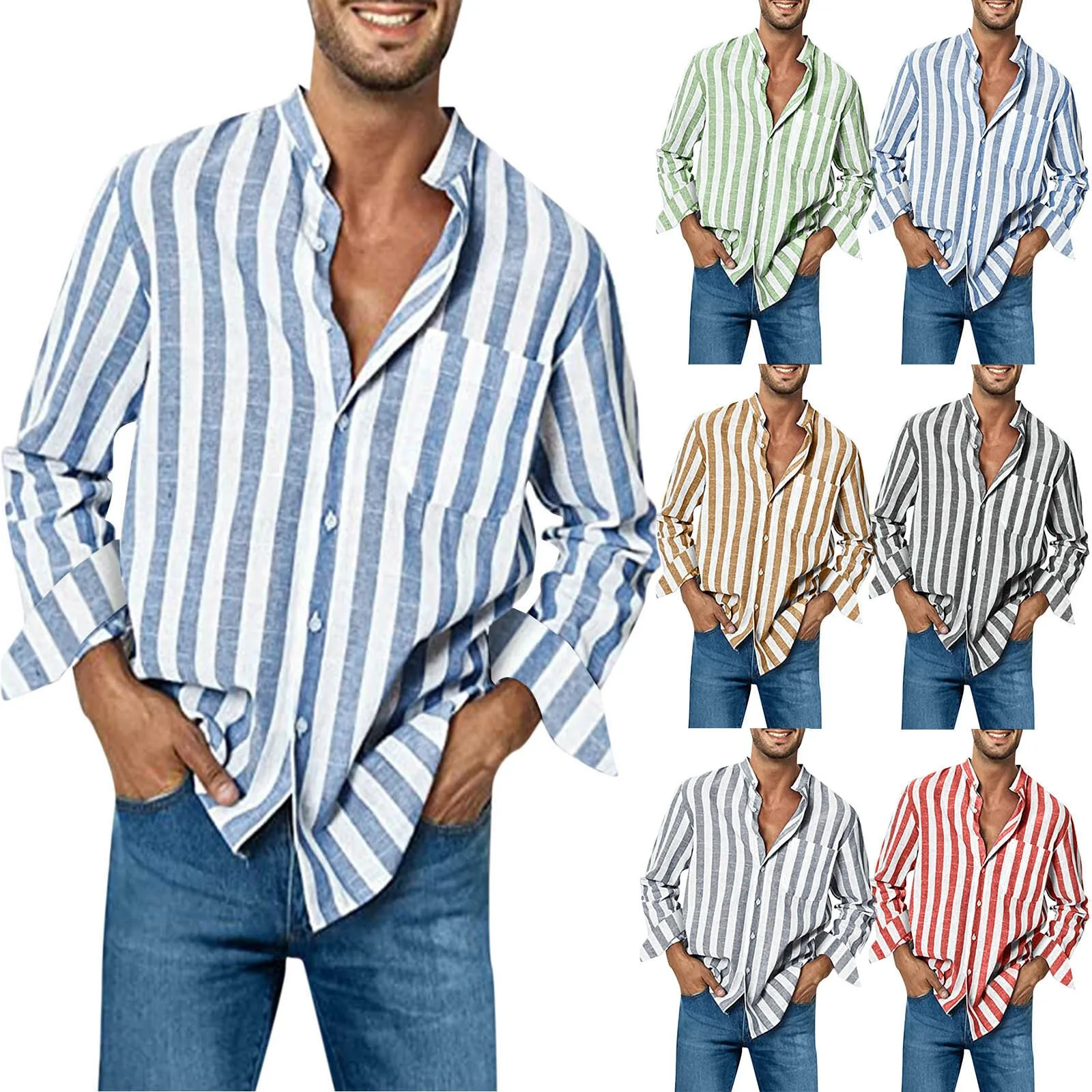 Plus Size Striped Linen Shirt Casual & Elastic