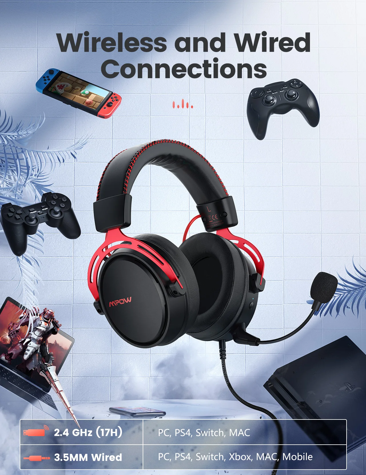 Mpow Air 2.4G Pro Gaming Headset - PS5/PC/PS4 Noise-Cancel Mic