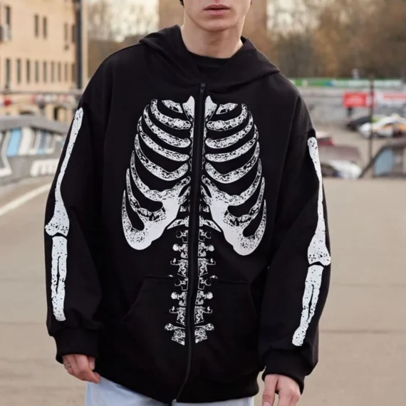 Gothic Skeleton Zip Hoodie Y2K Vintage Grunge Wear | PricZone