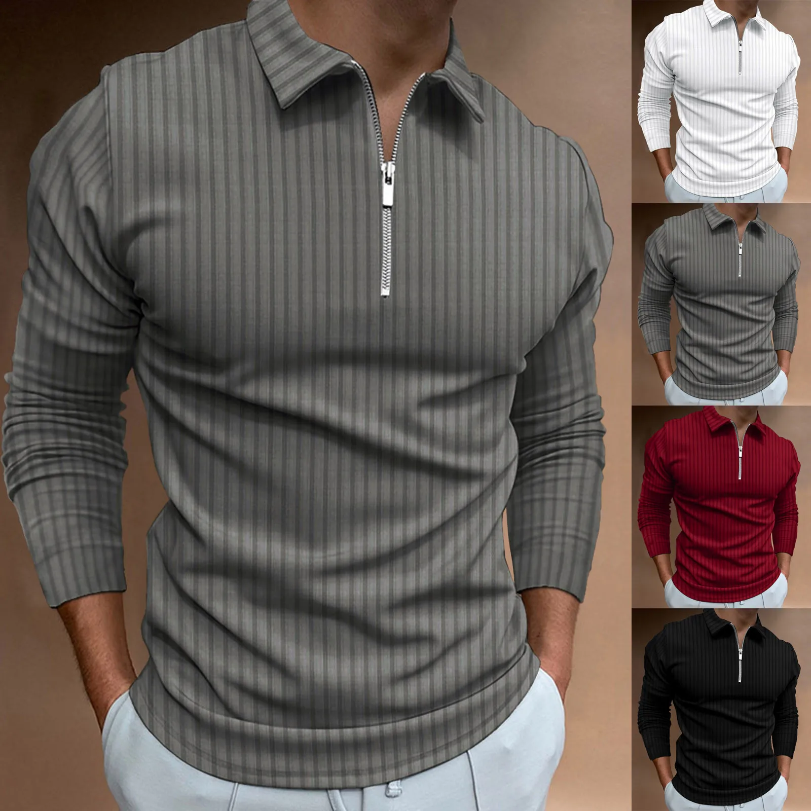 Striped Casual Zipper Polo Long Sleeve