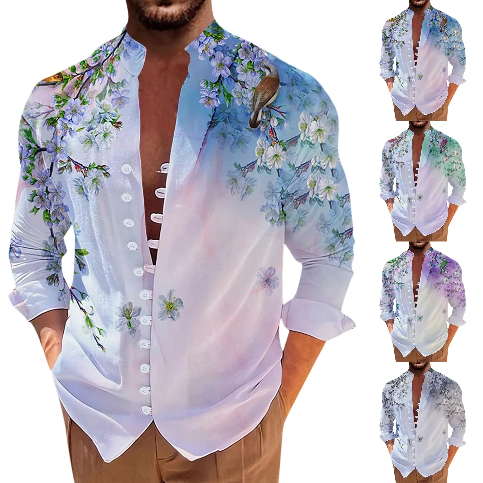 Floral Print Men's Hawaiian Shirt: Casual & Long Sleeve