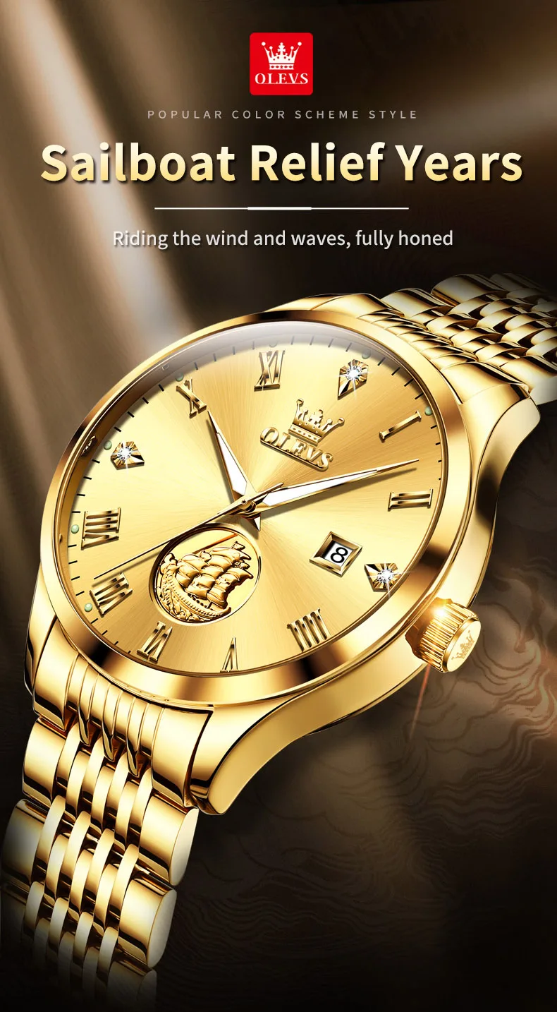 Gold Sailboat OLEVS Luxury Watch - Waterproof & Automatic