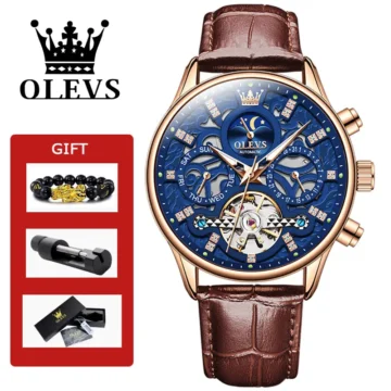 OLEVS Auto Skeleton Watch Waterproof Leather Strap | PricZone