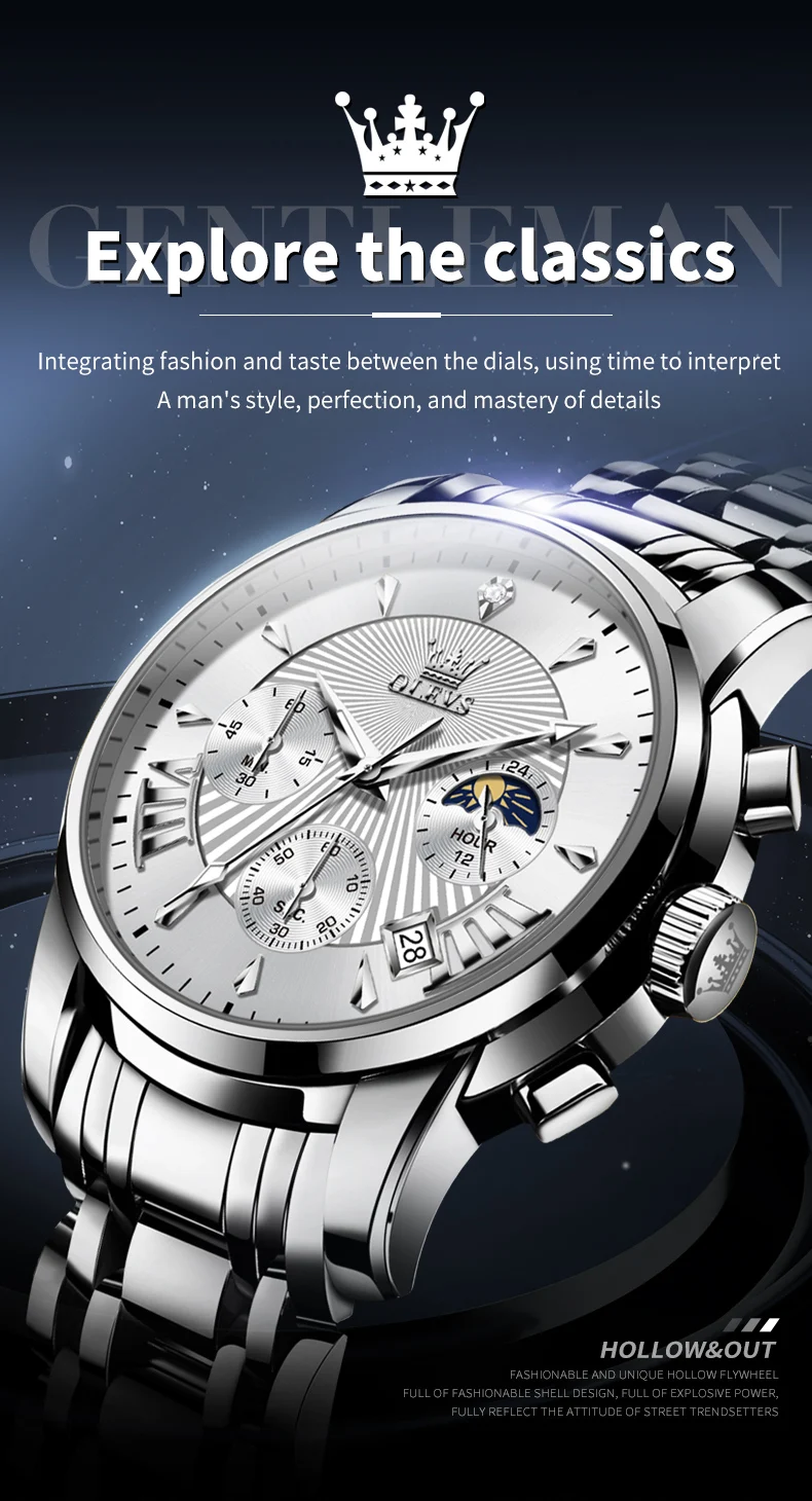 Elegant OLEVS Moon Phase Quartz Chrono Watch