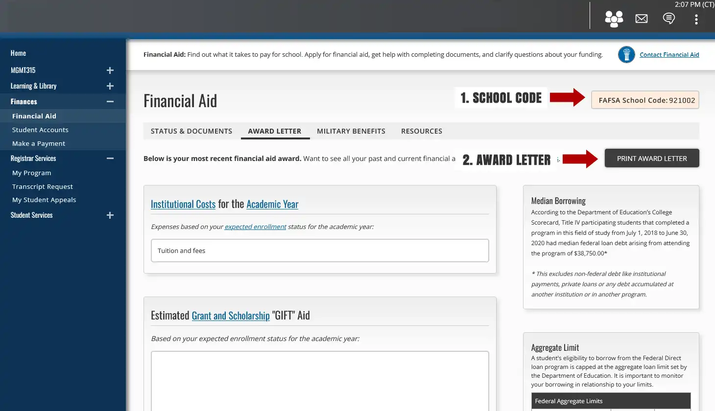 Example of where to find a University Award Letter