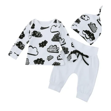 Cloud Print Baby Outfit Set: Top, Pants & Cap 2