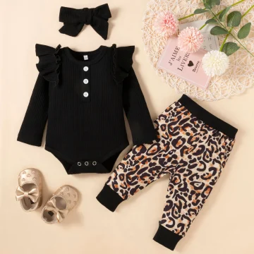 Baby Girls Fall Leopard Print Romper Set with Accessories 1