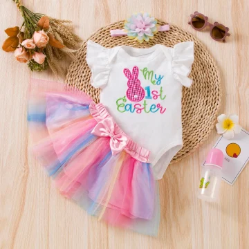 Newborn Easter Dress Set Romper & Rainbow Skirt 1