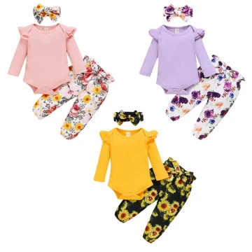 Autumn Baby Girls Outfit Set with Floral Trousers 1