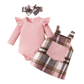 Pink Plaid Baby Girl Outfit 3PCS Set 1 | PricZone