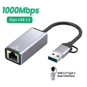 2 IN 1 USB Type C to RJ45 Network Card External Wired USB 3.0 1000Mbps LAN Ethernet Adapter For Macbook Xiaomi Laptop PC Windows 1