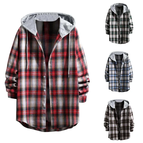 Mens Plaid Hooded Long Sleeve Flannel Shirt 2 | PricZone