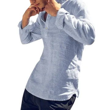 Mens Casual Stand Collar Long Sleeve Linen Shirt 1