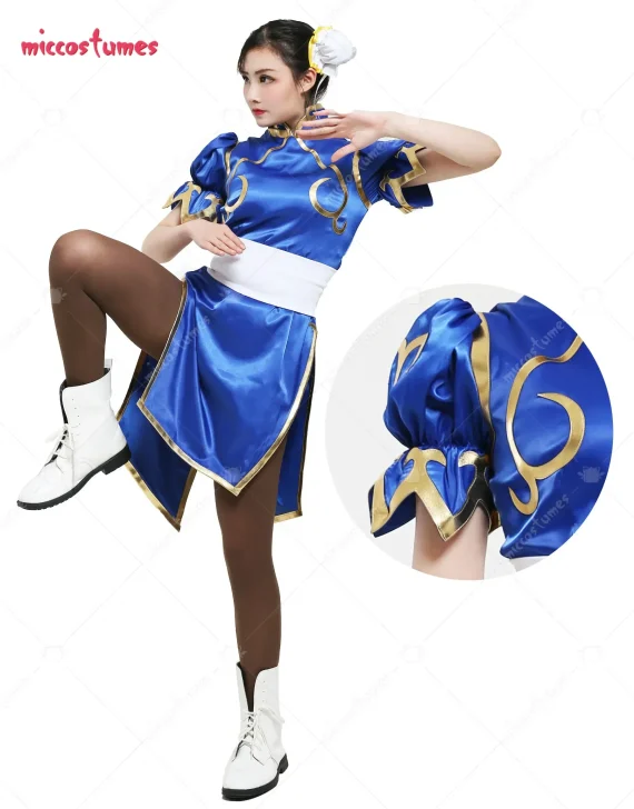 Womens Chun Li Cosplay Blue Cheongsam Costume 1 | PricZone