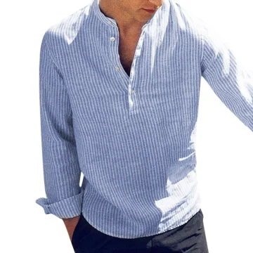 Mens Casual Stand Collar Long Sleeve Linen Shirt 2