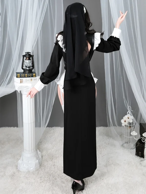 ROLECOS Nun Cosplay Costume Women Fancy Dress Set Halloween Party Roleplay Outfit Adult Nun Dress Black Fancy Cosplay Dress Up 2 | PricZone