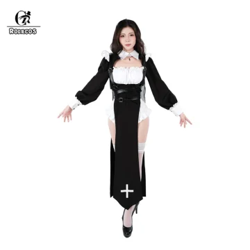 ROLECOS Nun Cosplay Costume Women Fancy Dress Set Halloween Party Roleplay Outfit Adult Nun Dress Black Fancy Cosplay Dress Up 1