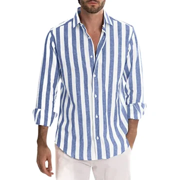 Mens Linen Long Sleeve Stripe Print Shirt 2