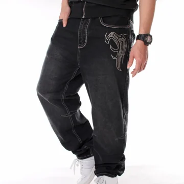 Mens Wide Leg Hip-hop Skateboard Denim Pants 1