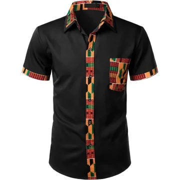 Mens African Printed Patchwork Button-Up Shirt 2