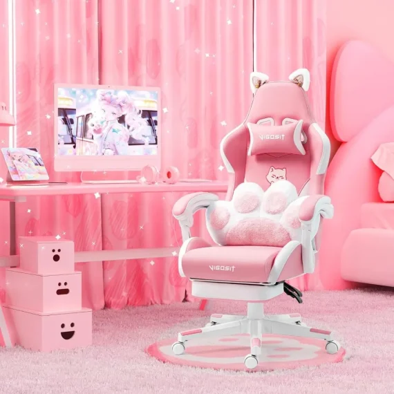 Pink Gaming Chair with Cat Ears and Paw Lumbar Cushion 3 | PricZone