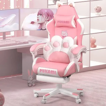 Kawaii gaming chairs with cat ears, paw cushion, office chair, and desk chairs setup.