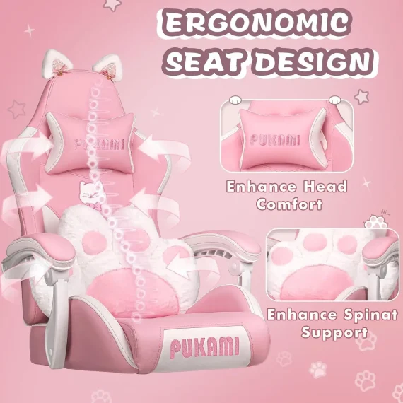 Kawaii Gaming Chair with Cat Ears Paw Cushion 3 | PricZone