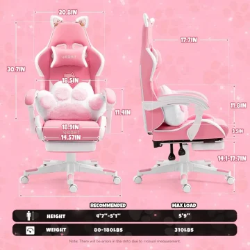 Pink Gaming Chair with Cat Ears and Paw Lumbar Cushion 2