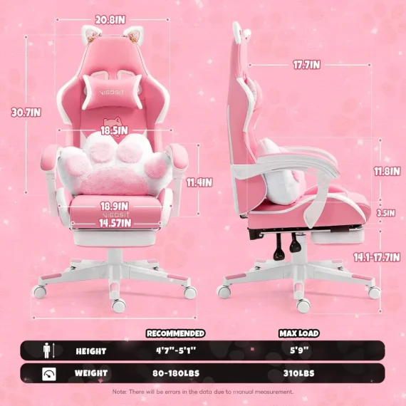 Pink Gaming Chair with Cat Ears and Paw Lumbar Cushion 2 | PricZone