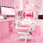 Pink Gaming Chair with Cat Ears and Paw Lumbar Cushion 1 | PricZone