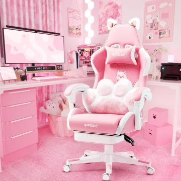 Pink Gaming Chair with Cat Ears and Paw Lumbar Cushion 1 | PricZone