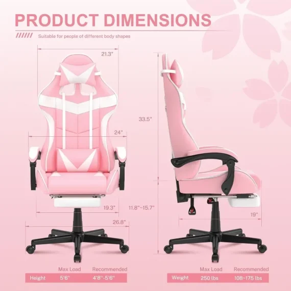 Pink Gaming Chair with Footrest for Gamers and Office 3 | PricZone