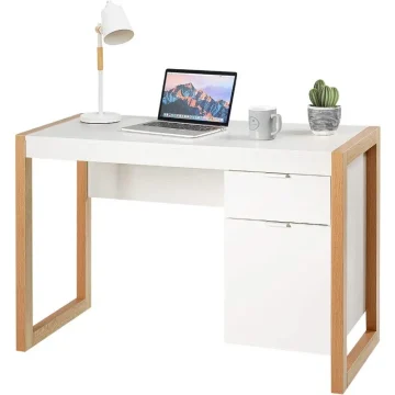 White Wooden Desk with Drawer & Cabinet 1