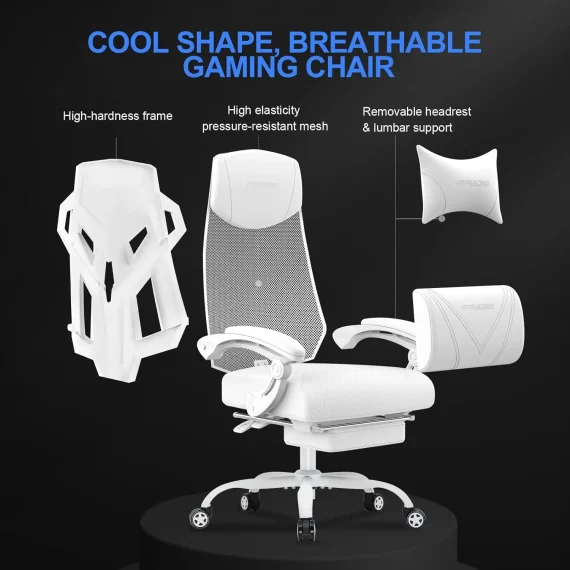 Ergonomic Gaming Chair with Footrest Mesh Back White 5 | PricZone